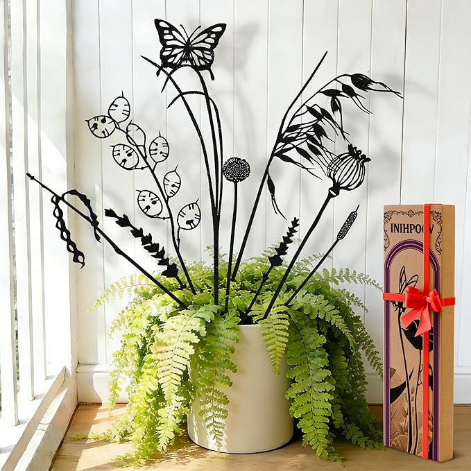 Decorative Metal Flowers for Outside, Rustic Metal Garden Stakes for Potted Plants, Metal Plants Outdoor Decor Vintage Rust Finish, Gift-Boxed Nature Meadow Garden Decor (Black_Butterfly Meadow Set)