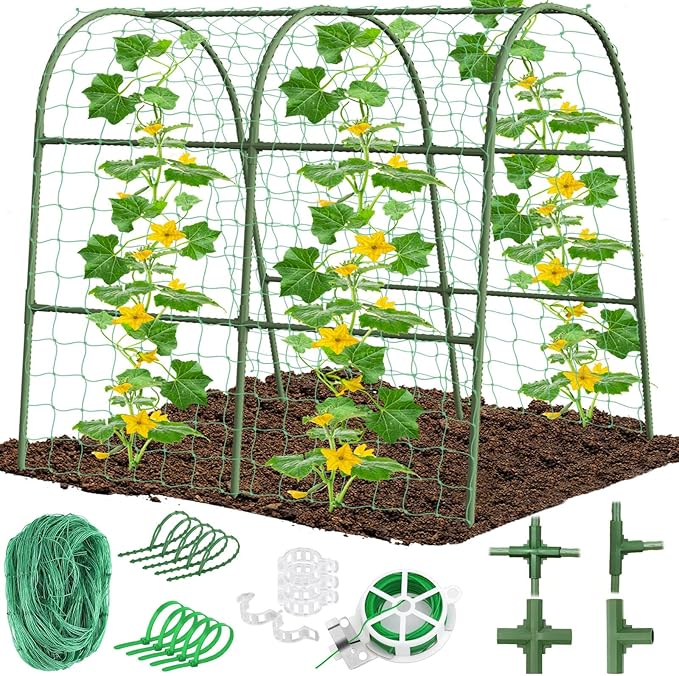 Cludoo Cucumber Trellis for Raised Bed Garden, U-Shape Arch Trellis for Climbing Plants Outdoor, Metal Vegetables Trellis with Netting, Garden Trellis for Cucumber Plants Sweet Pea Bean Grape