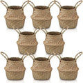 Qunclay 8 Pcs Woven Seagrass Baskets Belly Basket Folding Boho Natural Plant Pot with Handles Round Decorative Wicker Large Indoor Planter for Home Outdoor Tree Planters Decor (XXS,6.3''dx5.5''h)