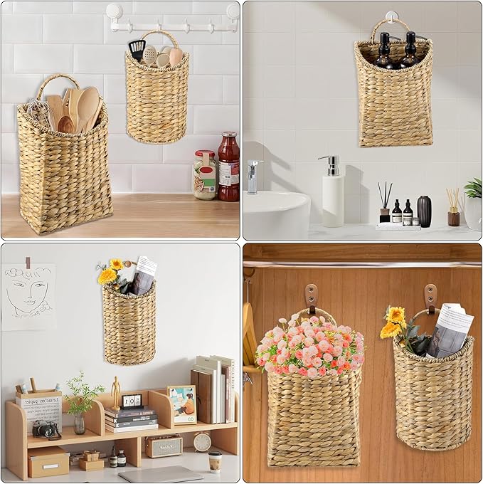 2 Pack Woven Hanging Basket Set, Wicker Wall Baskets Handmade Seagrass Planters for Front Door, Garden, Farmhouse Home Decor