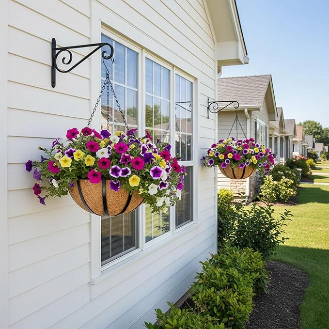 4 Pack 12 inch Metal Hanging Planters Basket Set Round Wire Plant Holder with Coco Fiber Liners Chain Indoor Outdoor Hanging Baskets for Garden Balcony Patio Deck Porch Vegetables Flower Plants
