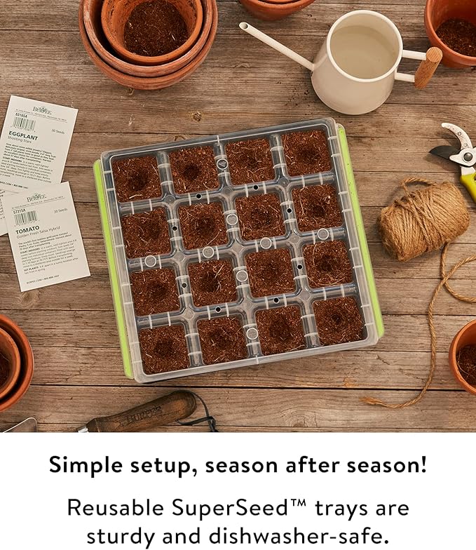 Burpee SuperSeed Starting Tray | 16 XL Cell | Reusable & Dishwasher Safe | for Vegetable, Flower & Herb Seeds | Indoor Grow Kit for Deep-Rooted Seedlings, Green