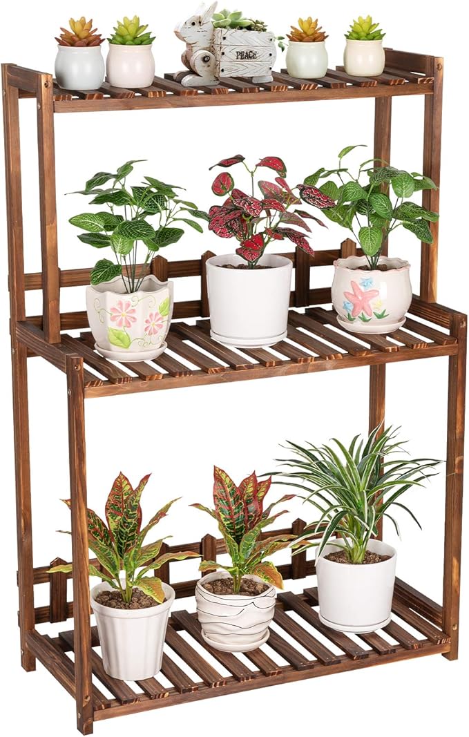 Ufine 3 Tier Wood Plant Stand Vertical Plant Display Shelf Indoor Ourdoor Plant Rack, Balcony Living Room, Kitchen, Porch Organizer Plants Holder