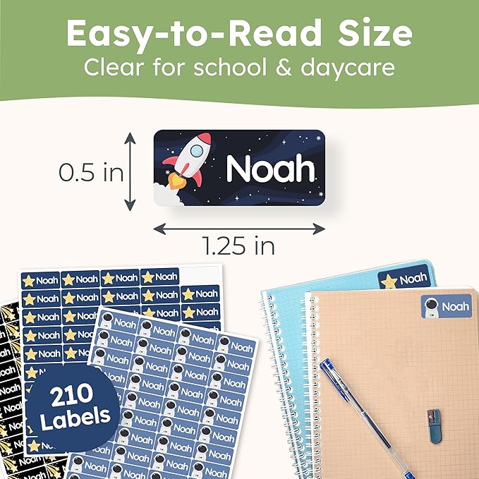 Personalized Name Labels for Kids (210 Labels) - Durable & Waterproof Custom Name Stickers for Clothing Tags, School Supplies, Camp & Daycare - Galaxy (1.2”x0.5”)
