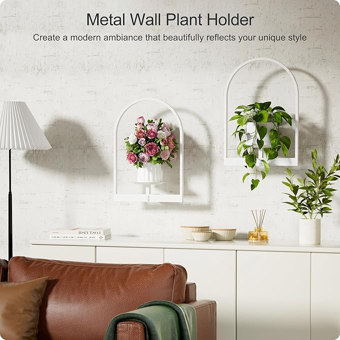 White Metal Wall Plant Holder - 2-Pack Wall Mounted Plant Stands and Hanging Holders for Indoor Planter and Flower Pot - Arch Decor Shelf for Plant Storage (Pot Not Included)