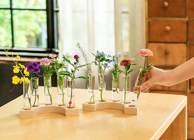 Melphoe Glass Bud Vases Small Flower Vase for Centerpieces Wedding Table Decorations, Home Decor, Propagation Station Plant Terrarium with Wooden Stand, Unique Plant Lover Gifts for Women (Beige)