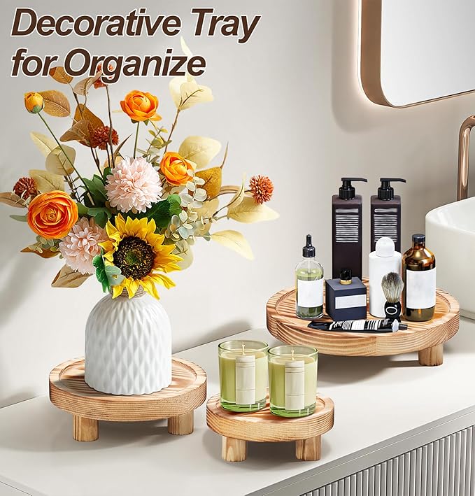 3 Pcs Wooden Risers for Display, Round Wood Riser Plant Stand 5/6/8" Pedestal Stand, Flower Pot Holder Small Planter Tray for Kitchen Home Décor (Light Brown)