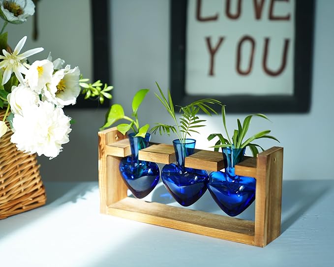 Kingbuy 3-Heart Plant Terrarium Kit with Vintage Wood Stand - Stained Glass Vase Propagation Station, Wall-Mounted & Tabletop Indoor Decor for Home Kitchen Wedding Gift, Blue