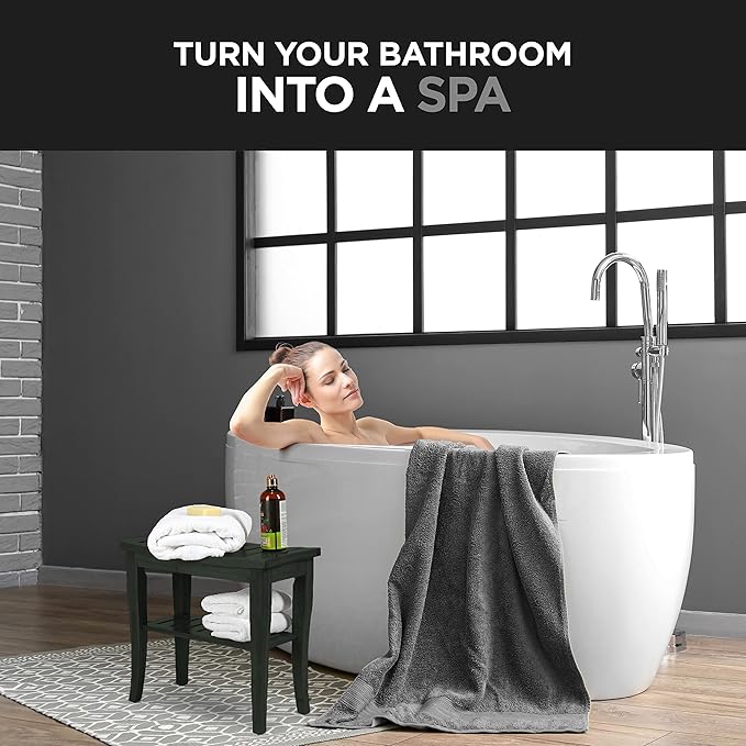 Black Shower Bench - Small Wooden Shower Stool with Storage Shelf, Non-Slip Bathroom Seat, Spa Decor Bath Bench, Foot Rest Shaving Stool for Shower, Indoor Outdoor Use, Great Gift Idea (17" x 9 x 17)