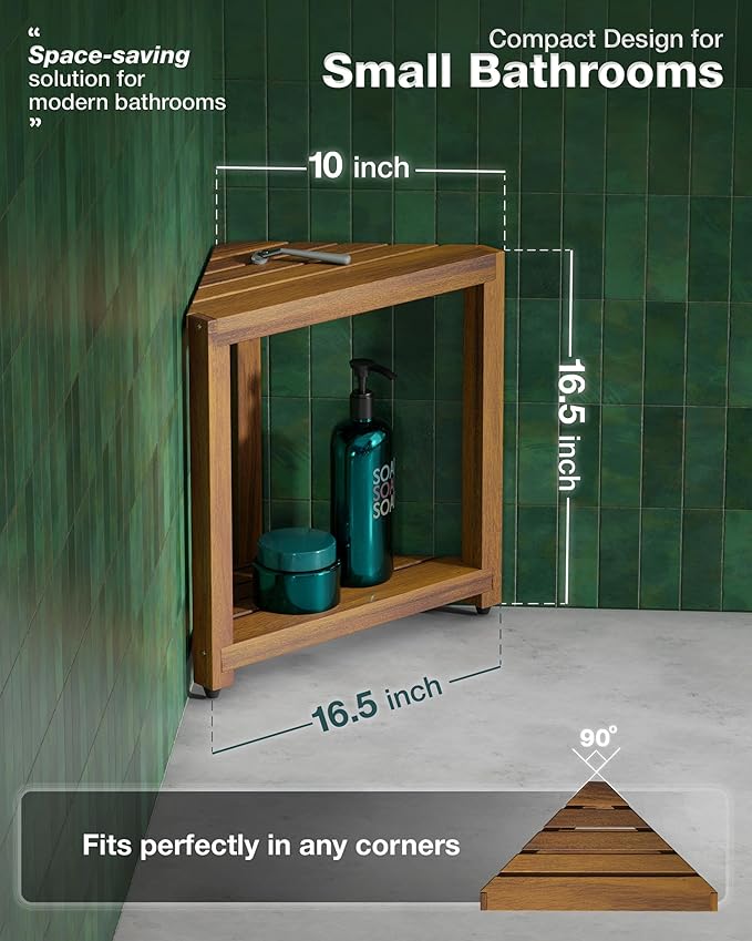 BLUEWEST 16.5" Acacia Wood Corner Shower Stool, Wooden Corner Shower Bench for Shaving Legs Inside Shower, Waterproof Shower Foot Rest with Storage Shelf, Shower Seats and Benches