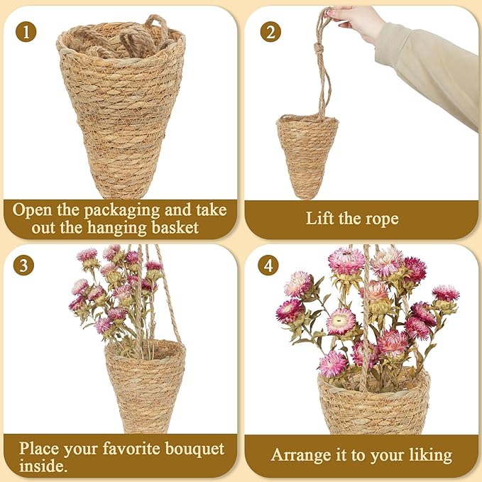 CITYES 2 Pcs Hanging Basket for Wall Conical Hanging Wicker Basket with Hemp Rope Handmade Wall Planter for Garden Home Flowers Planters Boho Decor Front Door Porch Entryway (Flowers Not Included)