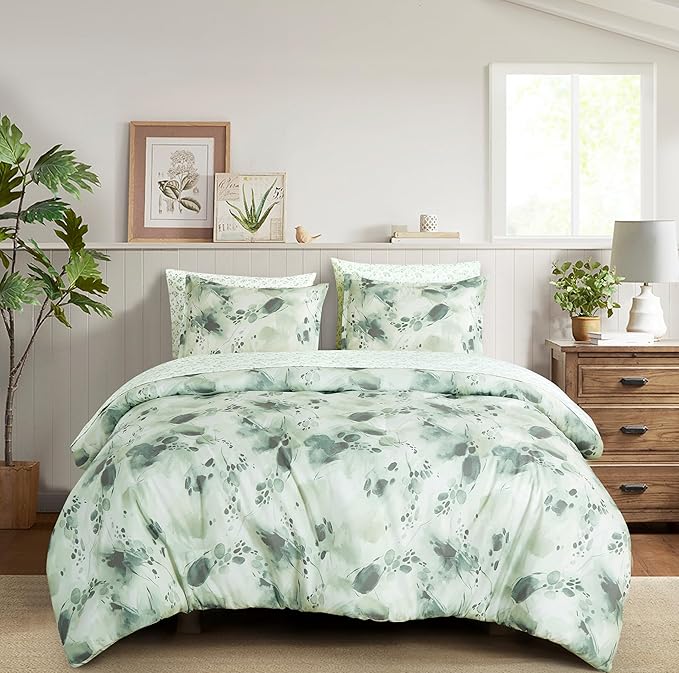 Chezmoi Collection Cristie 7-Piece Floral Bed in a Bag California King Comforter Set - Green Gray White Watercolor Floral Printed Microfiber Bedding Set
