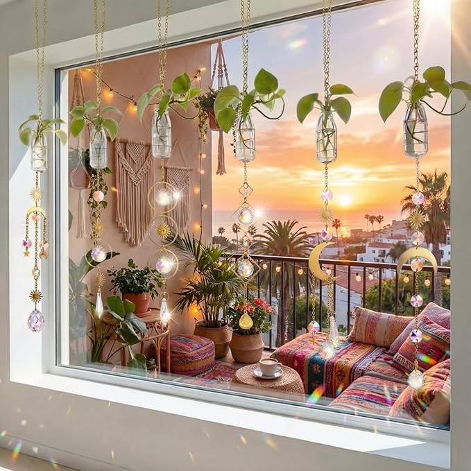 6 Pcs Plant Propagation Station Colorful Crystal Suncatcher, Handmade Boho Rooting Vase, Hanging Window Plant Propagator Stations Suncatcher with Chain Pendant Ornament Balls
