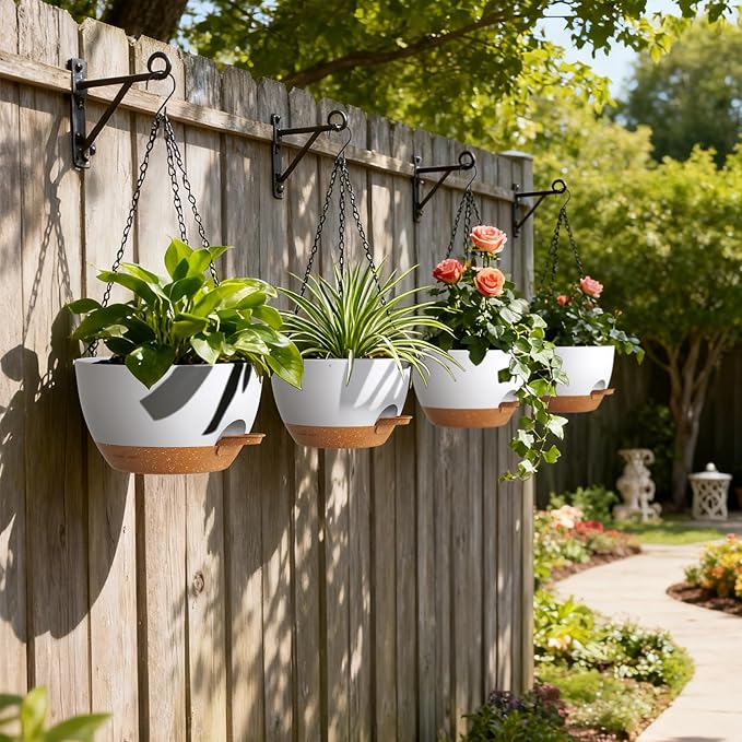 UOUZ 4 Pack 8 Inch Self Watering Hanging Planters for Indoor Outdoor Plants，Hanging Pots for Plants with Drainage Removable Tray, Hanging Baskets Flower Pots for Pothos Garden Porch White with Brown