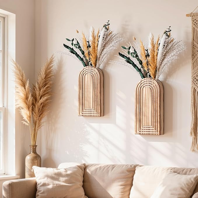 DREAMLOOM 2 Pack Wooden Wall Vases with Dried Pampas Grass and Eucalyptus Plants, Wall Hanging Planters Boho Modern Farmhouse Indoor for Narrow Spaces Entryway Bathroom Home Office Decoration, White