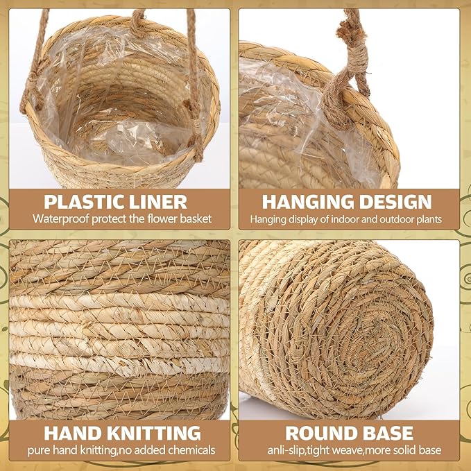 6 Pcs Seagrass Hanging Planter Basket Hand Woven Plant Basket with Plastic Liners Hanging Plant Holder Storage Containers with Cotton Rope for Indoor Outdoor Garden Home Decor(Beige)