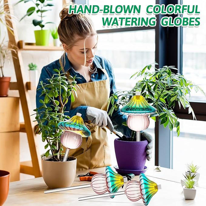 11 oz Large Plant Watering Globes, Mushroom Gradient Color Glass Watering Bulbs, Vacation Plant Watering Devices, Self Watering Globes - Self Watering Planter Insert for Travel (Large 2-Pack)