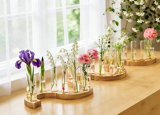 Melphoe Glass Bud Vases Small Flower Vase for Centerpieces Wedding Table Decorations, Home Decor, Propagation Station Plant Terrarium with Wooden Stand, Unique Plant Lover Gifts for Women (Brown)