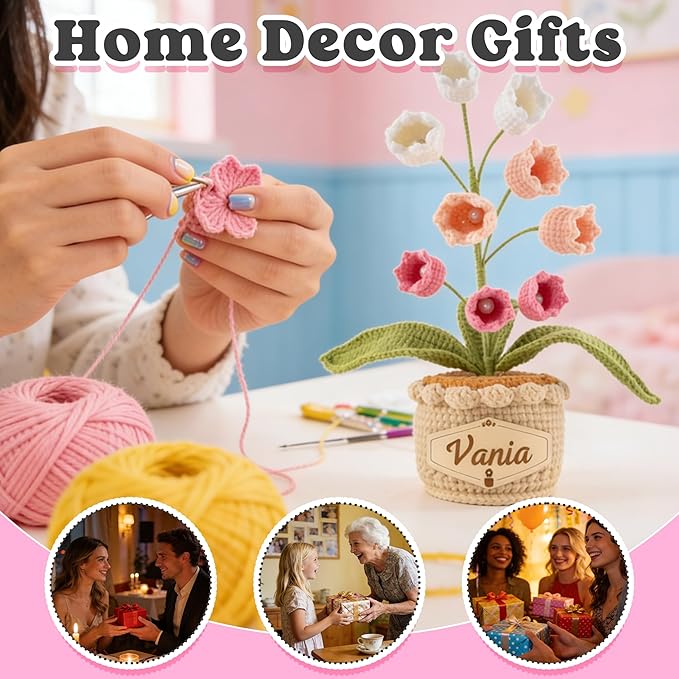 Crochet Flowers with Personalized Leather Name Tag Handmade Knitted Flowers for Home Office Desk Decor Crochet Lily of the Valley Flower Pot for Women,Teachers, Birthday Crochet Gifts(Pink)
