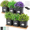 LemonRoad 6 Pcs Indoor Herb Planter Window Herb Pots for Kitchen with Drainage Hole and Bamboo Tray Farmhouse Metal Garden Planter Pot with DIY Label Mom Plant Gift(Black,Square)
