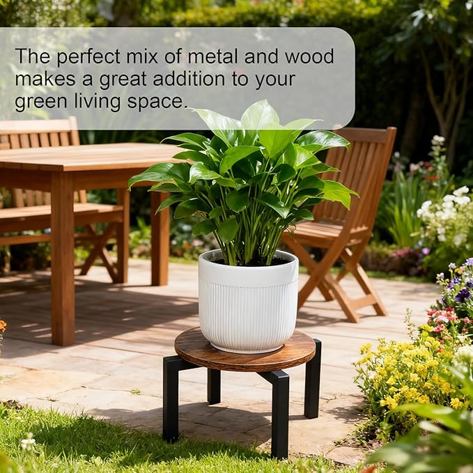 Vigordream Plant Stand Indoor, Heavy Duty Sturdy Metal Plant Holder, Wooden plant Stool, Single Plant Pot Stand Low Short Planter Stand Fit 5-10 Inch Pot (Dark Brown, Small)