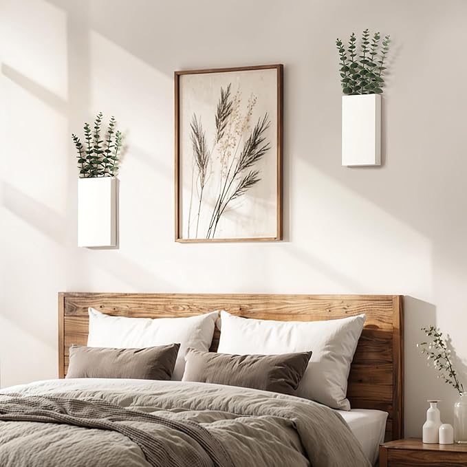 2 Pack Metal Wall Planter Vases Decor with Artificial Eucalyptus, Modern Farmhouse Rustic Hanging Pocket Planters for Indoor Greenery and Flowers, Living Room Bedroom Kitchen Decoration, White