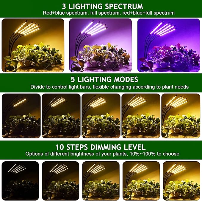 yentbokj Grow Lights for Indoor Plants,5 Heads Red Blue White Full Spectrum Plant Light with 15-60" Adjustable Tripod Stand, Indoor Grow Lamp with Remote Control and Auto On/Off Timer Function