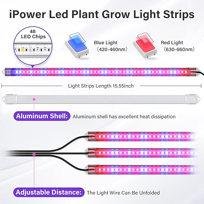 iPower 40W LED Grow Lights with Full Spectrum Plant Growing Light Strips for Indoor Plant with Auto ON/Off 3/9/12H Timer, 10 Dimmable Levels 48 LEDs Per Tude, 3 Tubes, Red&Blue (Pack of 2)