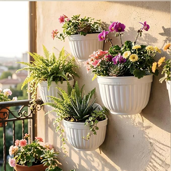 6 Pcs Plastic Large Wall Plant Pots Vertical Garden Living Wall Mounted Window Hanging Basket Fence Planters Indoor Outdoor for Plants Flowers Kitchen Herbs Holder with Drainage Decor White