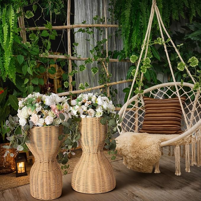 2 Pcs 20 in Tall Wicker Reversible Outdoor Planter Basket Boho Rattan Plant Pots Decorative Woven Flower Pots for Porch Home Patio Backyard Indoor Garden, Dual Size 12 Inch 8 Inch