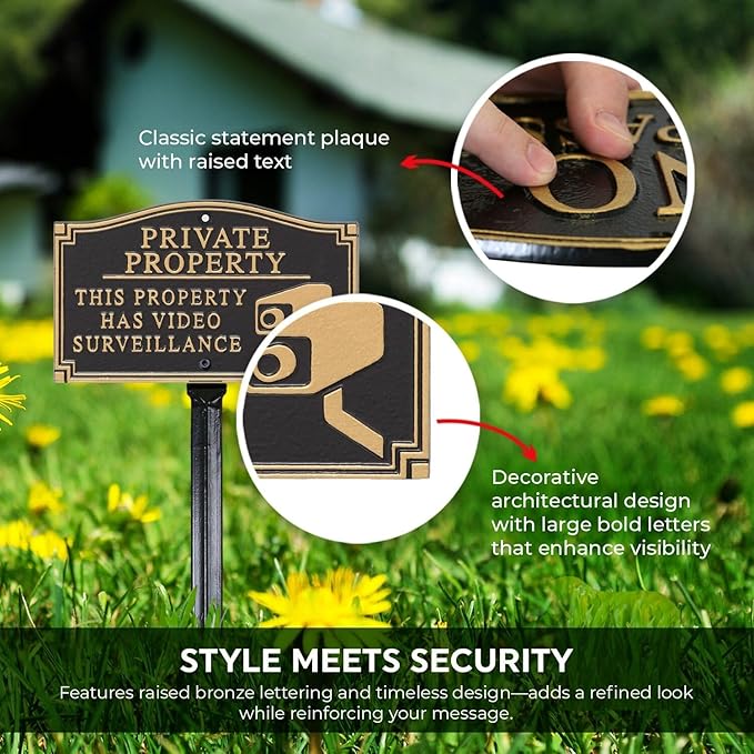 SmartSign “Private Property - This Property Has Video Surveillance” GardenBoss Statement Plaque | 5.75" x 9.5" Aluminum Plaque with 18" Black Lawn Stake, Made in USA