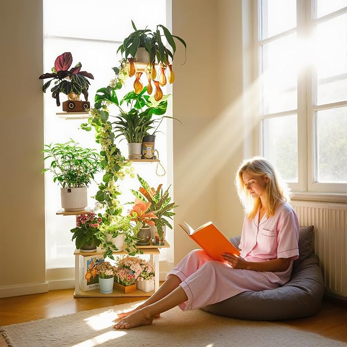 White Plant Shelves with Grow Lights: 7-Tier 65" Tall Modern Plant Stand for Indoor Corners, Living Room Display or Bedroom Gardening Rack