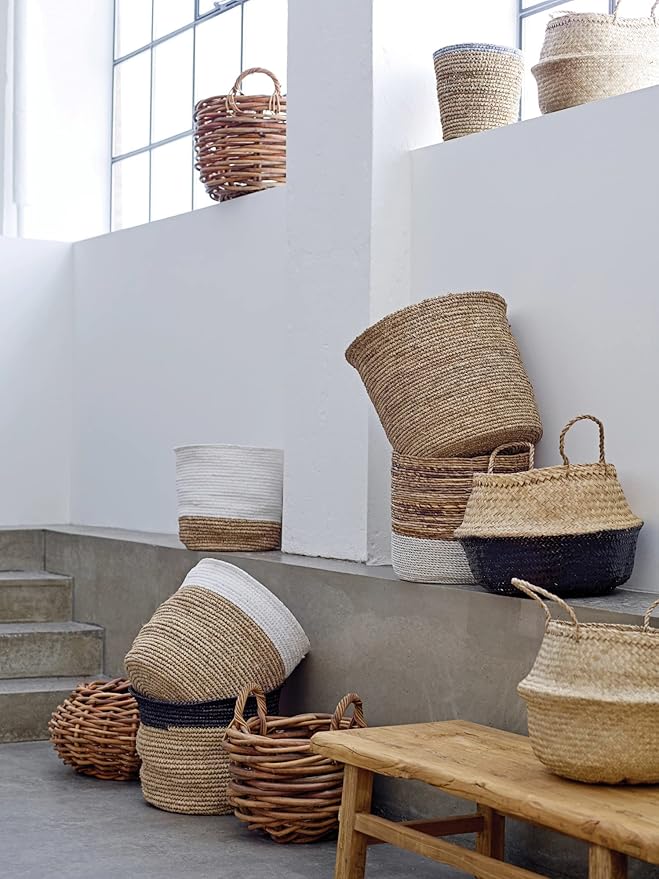 Bloomingville Handwoven Seagrass Folding Basket with Handles, Natural and Black
