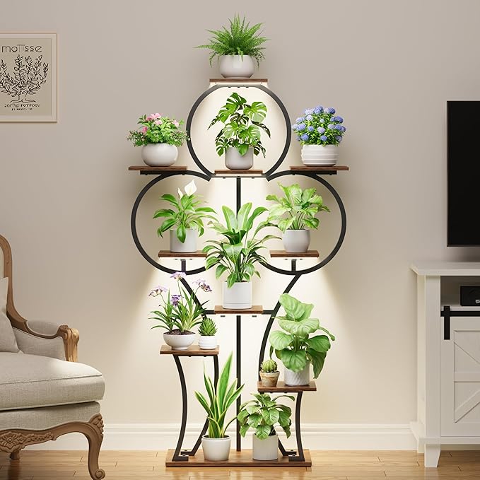 POZILAN Plant Stand Indoor with Grow Lights - 63" Indoor Plant Stands, 10 Tiered Plant Shelf for Indoor Growing, Corner Lighted Plant Shelves for Balcony, Living Room, Patio, Black