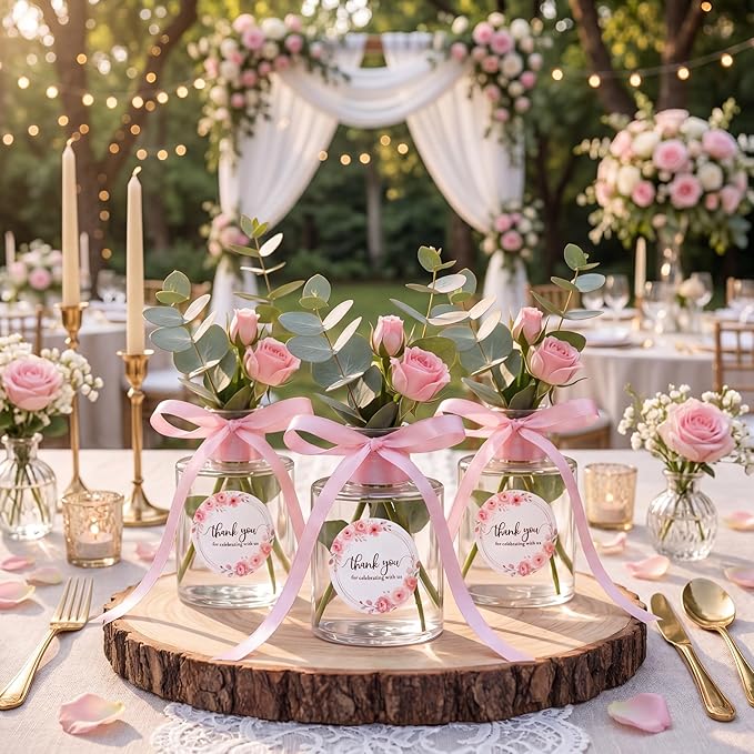 30 Set 4.33'' Plastic Plant Propagation Stations Gifts Bulk 4oz Plant Propagation Jars Planter Vase with Thank You Tags and Ribbons for Guests Wedding Bridal Shower(Pink Flowers)
