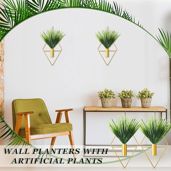 Canlierr 2 Pieces Gold Wall Decor Hanging Planters with Artificial Plants Metal Vase Indoor Plants Holder Modern Geometric Wall Art for Home Bathroom Bedroom Living Room Office(Aquatic Plant,Small)
