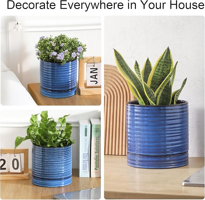 HASENSE 3 Piece Ceramic Plant Pots, 8/6/4.6 Inch, Indoor Pot for Plants with Drainage Holes and Saucer, Modern Flower Planter for Home Office, Rective Glaze Blue