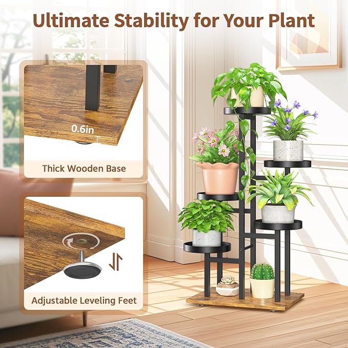 LASZOLA Black 5 Tier Plant Stand Indoor Heavy Duty Rack for Modern House Planter, Metal and Wooden Vertical Organizer Decor Narrow Bathroom Floor, Sturdy Multi Level Flower Holder Raised, Cat Proof