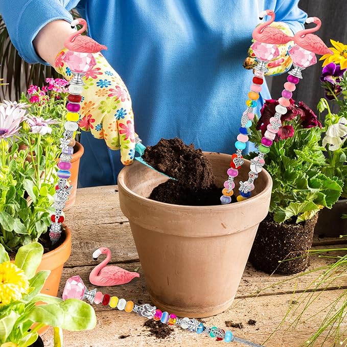 Lineshading 95 Pcs Beaded Garden Stakes Kit Flamingo Decorative DIY Fairy Wand Garden Stake Beads Kits for Plant Stakes Toppers Jeweled Ornament DIY Craft Supplies