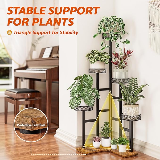 Plant Stand 6 Tier Indoor Metal Wood Flower Shelf for Multiple Plants Corner Display Rack Planter Pot Holder Flower Stand for for Patio Garden Balcony Living Room Bedroom