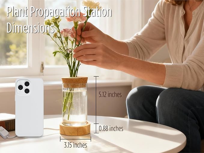 Plant Propagation Station with Light, Glass Planter Station with Waterproof Lighted Wooden Base, Desktop Hydroponic Plants Terrarium, Cylindrical Glass Planter for Home Decor & Office Decor