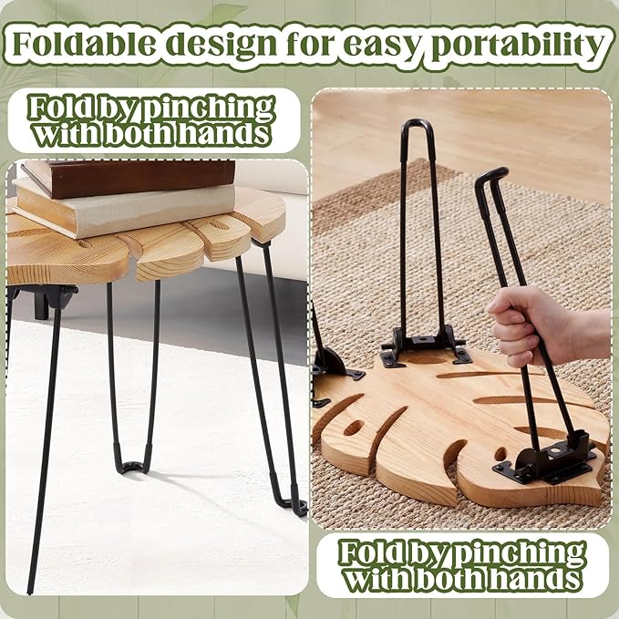 Gerrii Monstera Leaf Small Side Tables Tall Plant Stand Indoor Monstera Leaf End Table Wooden Folding Stool for Large Plants Living Room Bedroom Apartment Balcony Yard Indoor, 15.8" x 12" x 15"