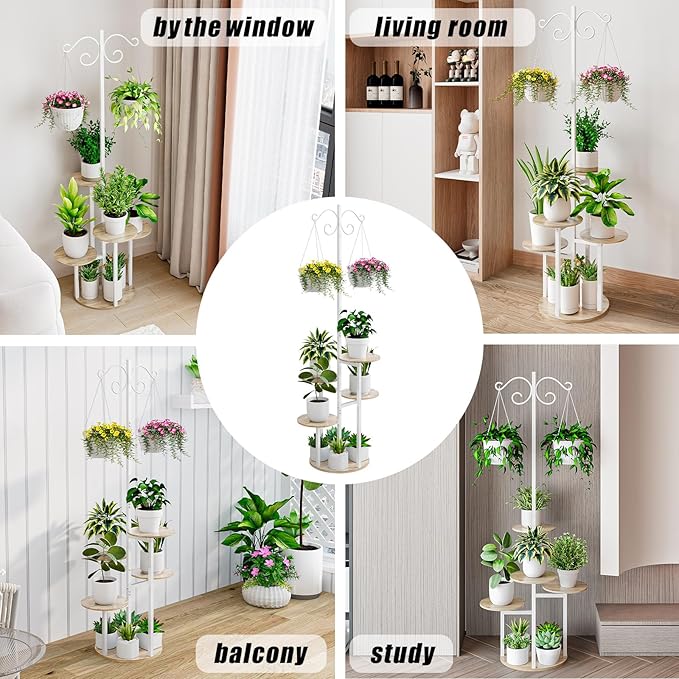 INGIORDAR Plant Stand Indoor Outdoor Corner Plant Shelf for Multiple Flower Pots Flower Stand Holder for Patio Garden Balcony Living Room (White+Sonoma Oak, 5 Tier with Hook)