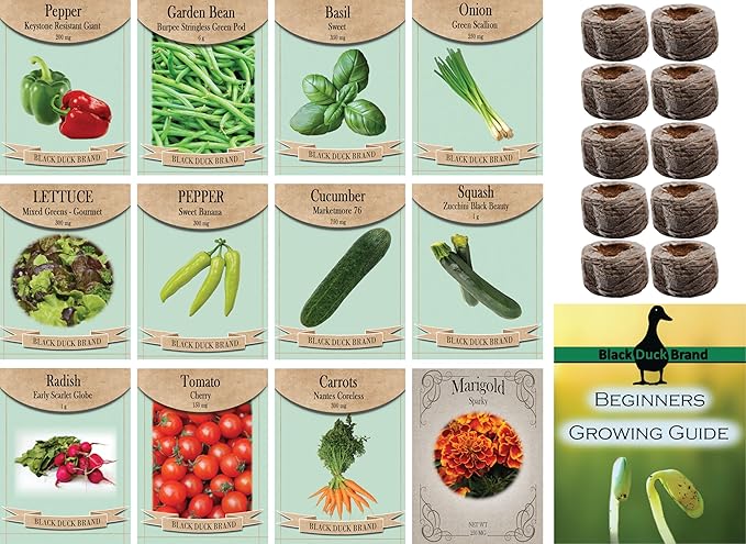 Beginner's Garden Seed Kit – Non-GMO, High Germination Seeds for Bell Peppers, Basil, Tomatoes, Mixed Greens & More - Includes 10 Coco Coir Starter Pucks and Beginners Guide