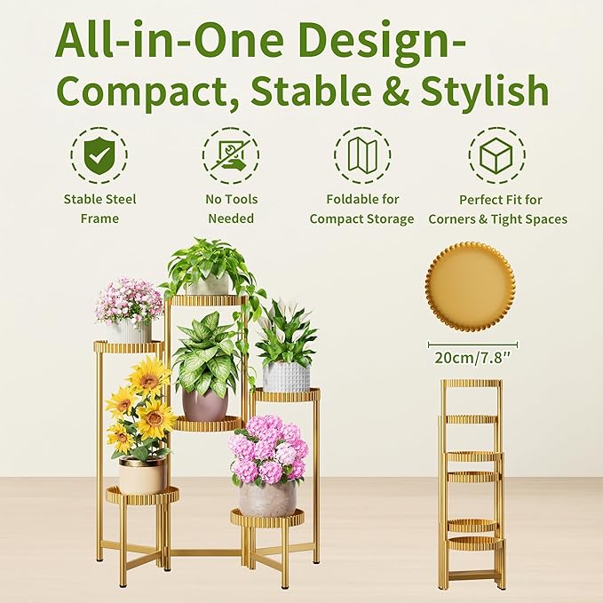 6 Tier Large Tiered Plant Stand Indoor, 7.9 Inch Wide Tall Corner Metal Plant Stands Outdoor for Multiple Plants, Folding Tall Flower Display Holder Rack Shelf for Patio Porch -GoldFloroma