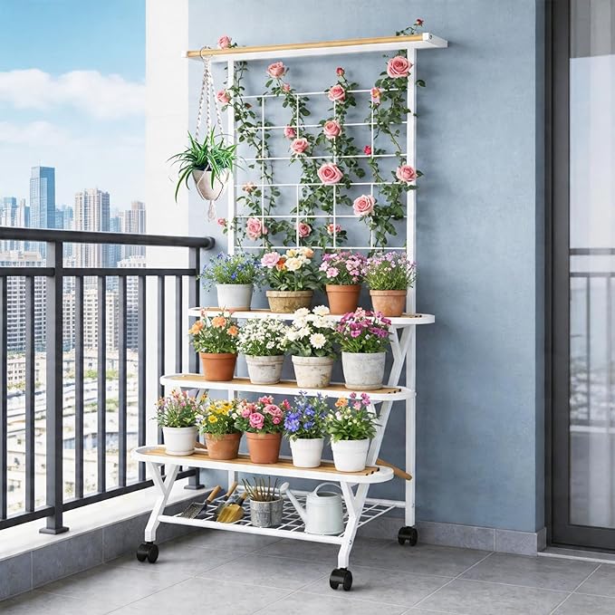 4 Tier Plant Stand Indoor Outdoor with Wheels, Large Metal Plant Shelf for Multiple Plants, Heavy Duty 130 lbs Capacity, Tall Flower Rack for Living Room Patio Balcony Garden, White