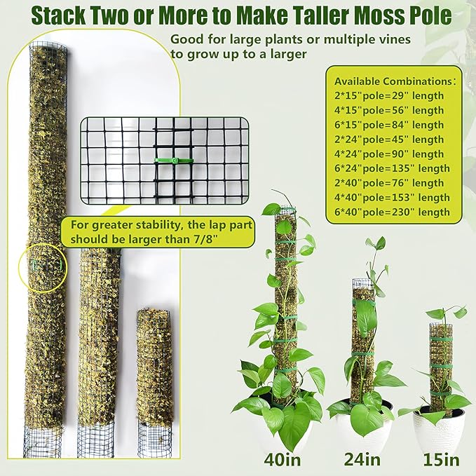 2 Pack Metal Moss Pole,15" Moss Poles for Plants Monstera, Stackable Sphagnum Moss Pole for Plants,Plant Poles for Climbing Plants Work with Sphagnum Moss(2 Pack 15")