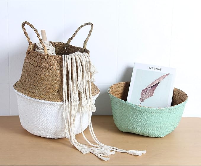 Woven Seagrass Belly Basket for Storage, Laundry, Picnic, Plant Pot Cover, and Grocery and Toy Storage (Medium, White)