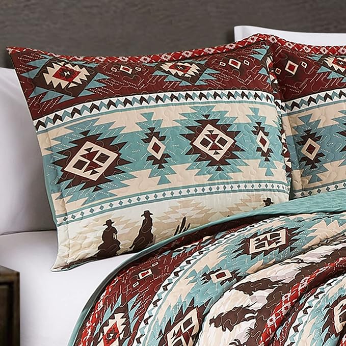 Chezmoi Collection Dune 3-Piece Southwestern Cowboys Aztec Quilt Set - Multicolor Teal Brown Beige Tan Red Printed Microfiber Bedspread Set, Queen (100" x 95")