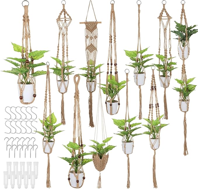 12 Pcs Macrame Plant Hangers, Macrame Hanging Planters for Indoor Plants Handmade Boho Hanging Baskets Flower Pots Holder Stand Plants Hangers for Outdoor Home Wall Decor
